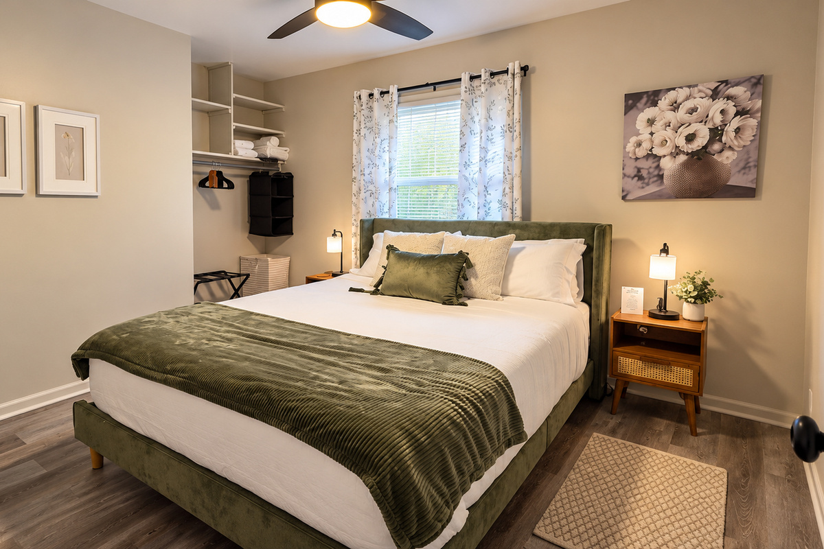 Relax in the inviting queen bedroom with plush bedding, soft lighting & convenient storage.