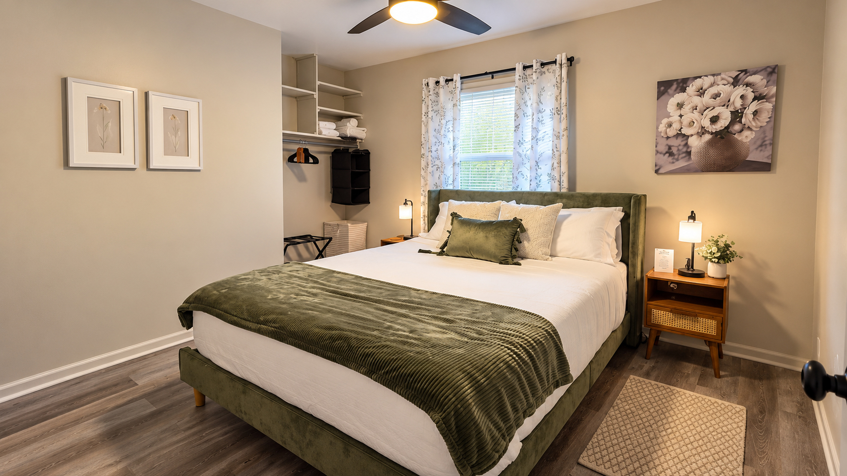 Relax in the inviting queen bedroom with plush bedding, soft lighting & convenient storage.