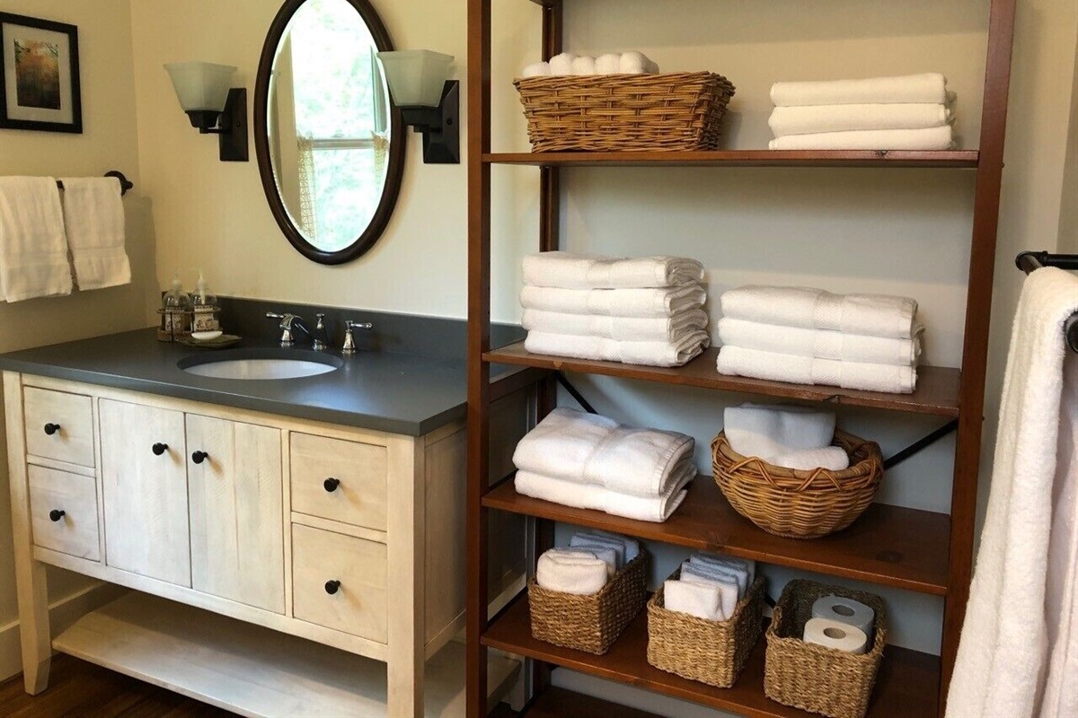 Upstairs master bathroom with plenty of towels and backup supplies
