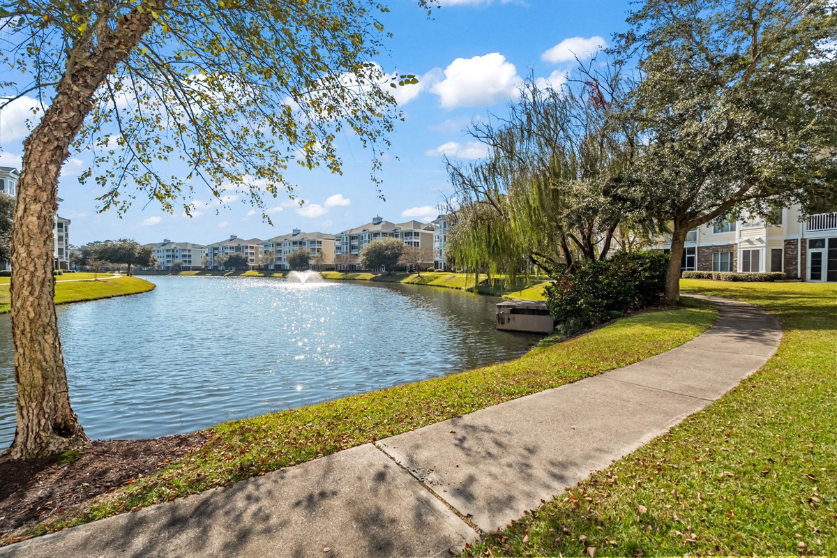 A beautiful lake nestled in the heart of the community, offering scenic views and a tranquil setting—creating a peaceful and serene environment for residents to enjoy