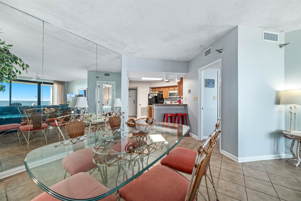 The natural textures and soft light create a serene atmosphere perfect for enjoying meals with a view.