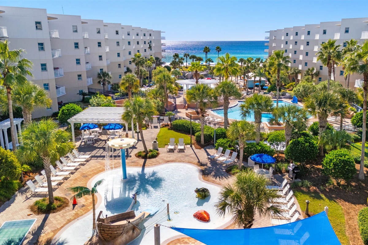 Aerial view of splash pad and pool
