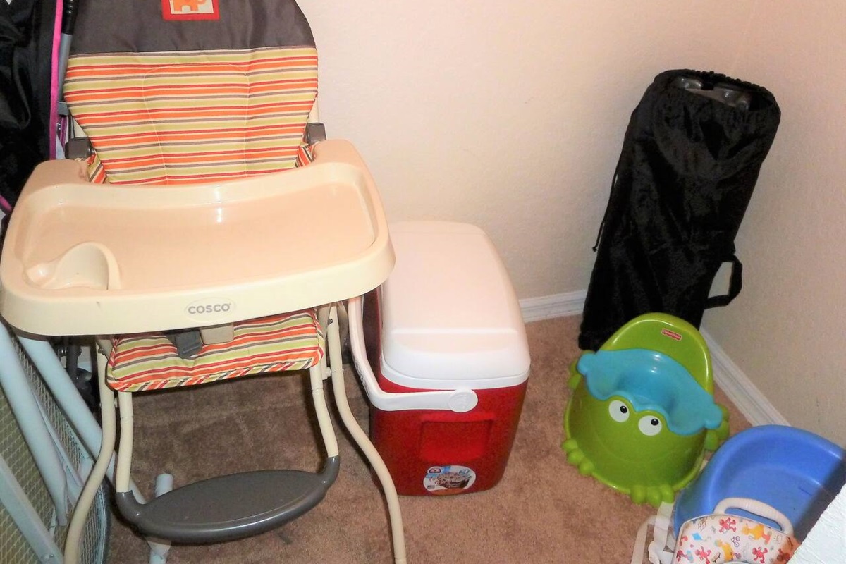 You will find a baby chair, stroller and pack n play 