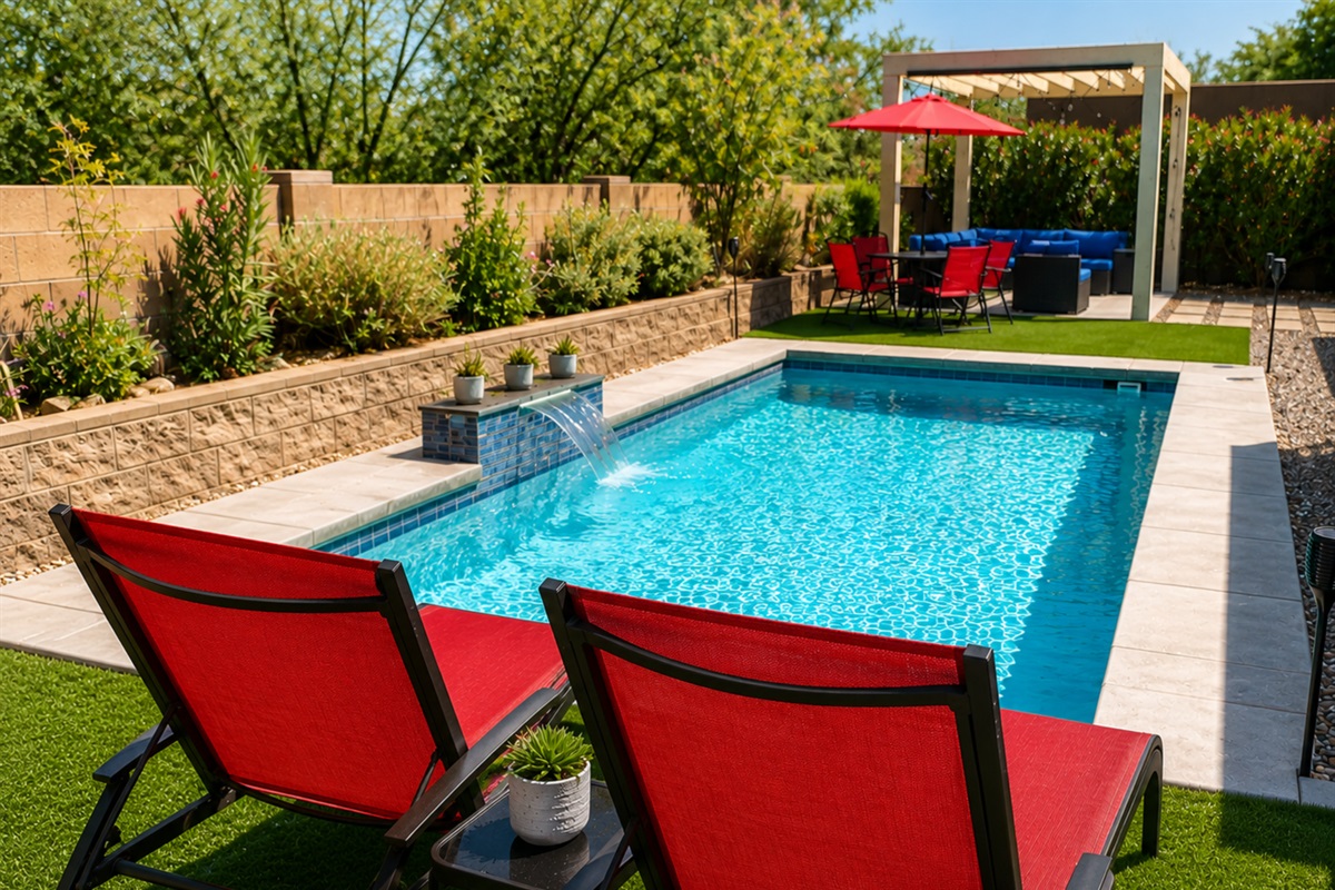 Enjoy the pool and backyard spaces year round. The pool can be heated as needed and there is plenty of both sun and shade.