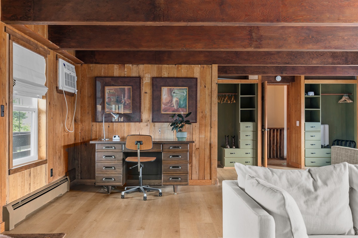 A desk is also tucked in for those who need a quiet space to work while away.
