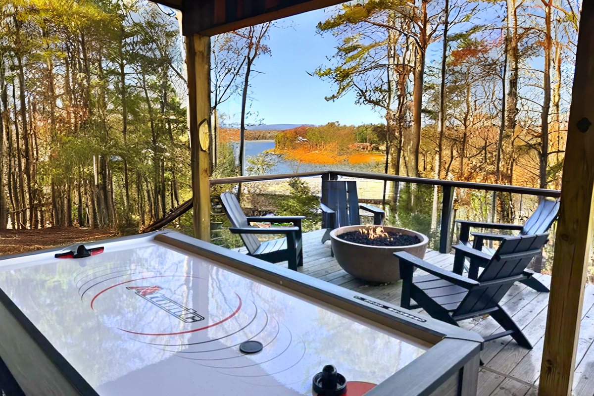 Challenge your friends to air hockey on the deck, surrounded by the serene beauty of the trees and lake.