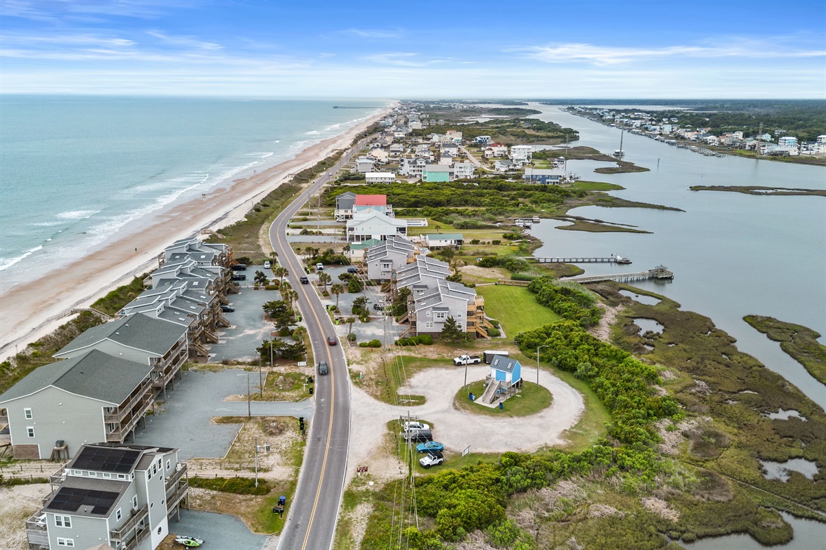 Aerial view of North Topsail Beach&mdash;sound on one side, ocean just across the road