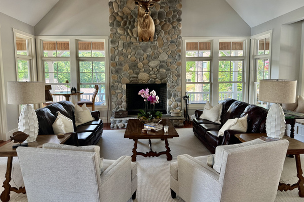 Spacious great room with soaring ceilings and panoramic Norris Lake views