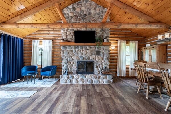 Stone fireplace. We provide wood during winter months for those cozy days by the fire.