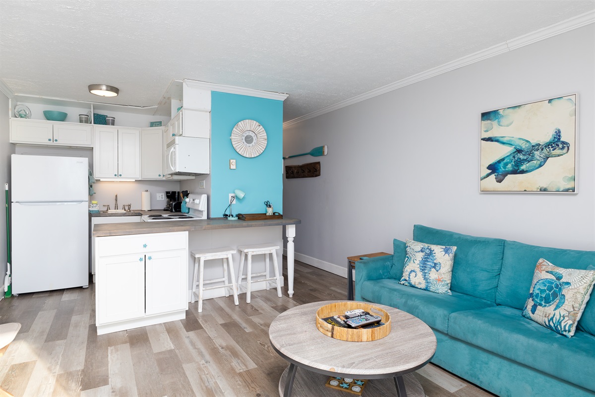 The blue couch is our favorite hangout