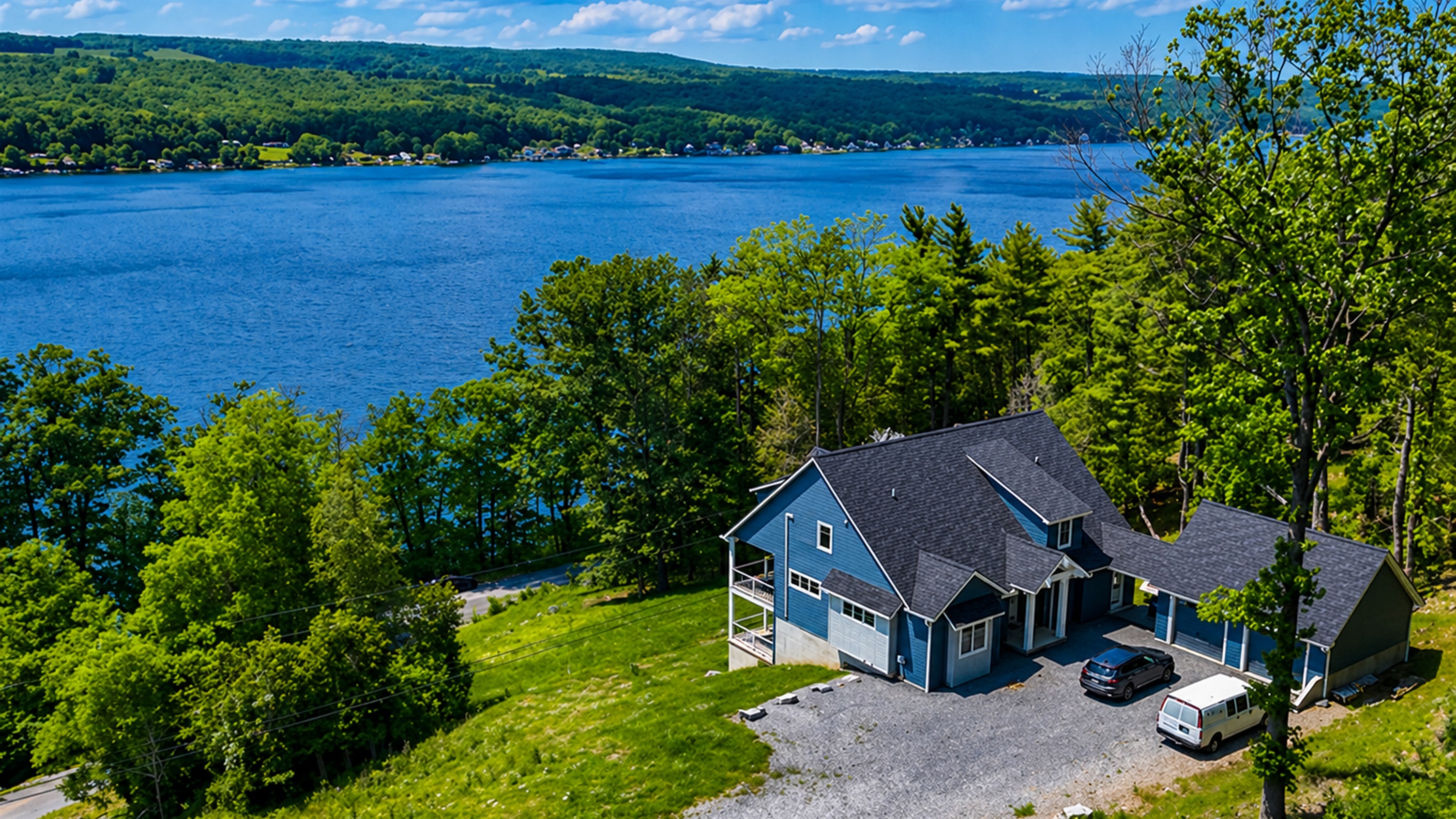 Perched above the water, enjoy breathtaking lake views from nearly every room of this hilltop haven 🌊🏞️