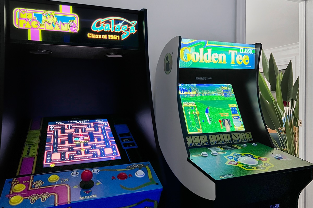 With classic full-size arcade games: Ms. Pacman, Galaga and Golden Tee!
