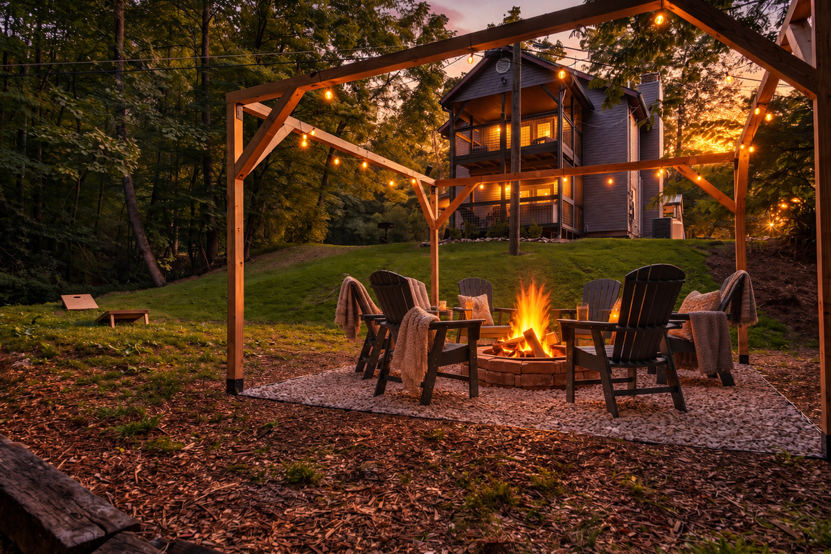 Fire pit at twilight with the house behind it. Evening ambiance at your Sevierville cabin rental.