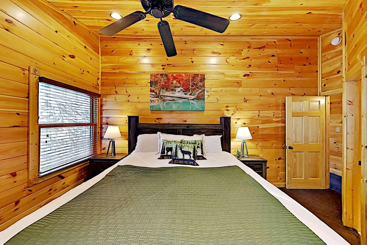 King sized bed with full bathroom and closet.