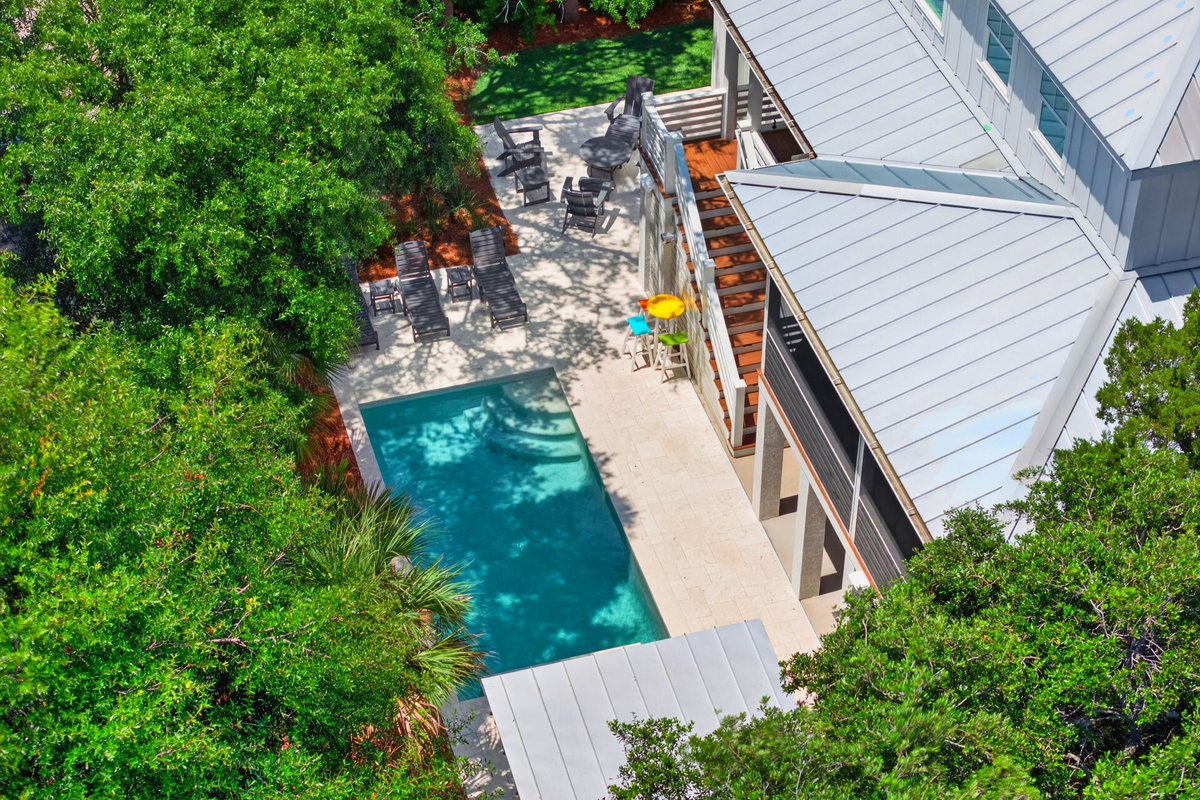 Aerial of private pool  | Palms Paradise | 3 29th Ave Isle of Palms, SC | IOP Escapes