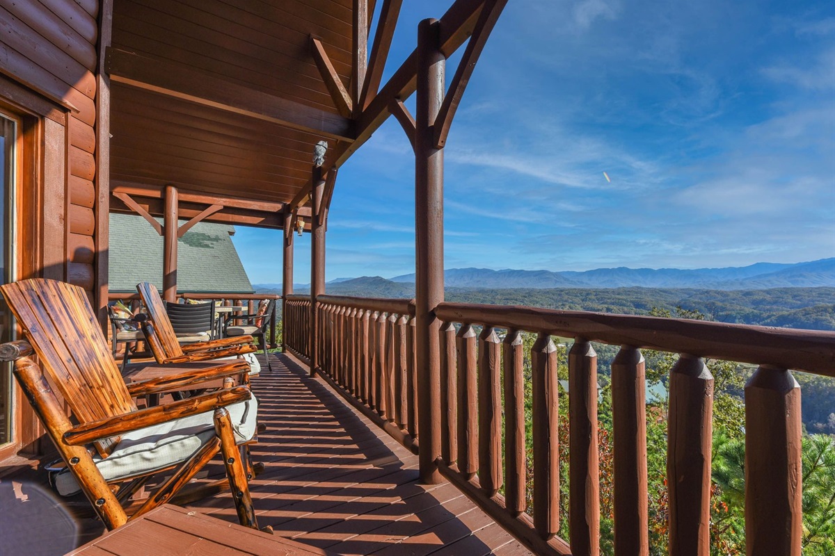 - Sit back in rustic rockers and take in panoramic Smoky Mountain views   - Perfect spot for your morning coffee or peaceful sunset moments   - Fresh mountain air and endless vistas create pure relaxation