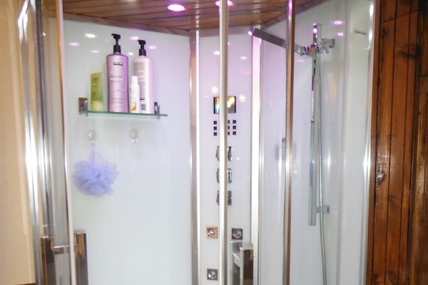 Steam shower with LED chromatherapy and stereo in the Master Suite