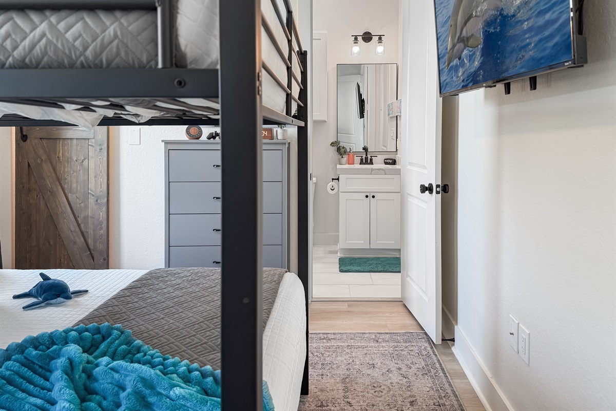 The Dolphin Room shares a bathroom with the second bunk room.