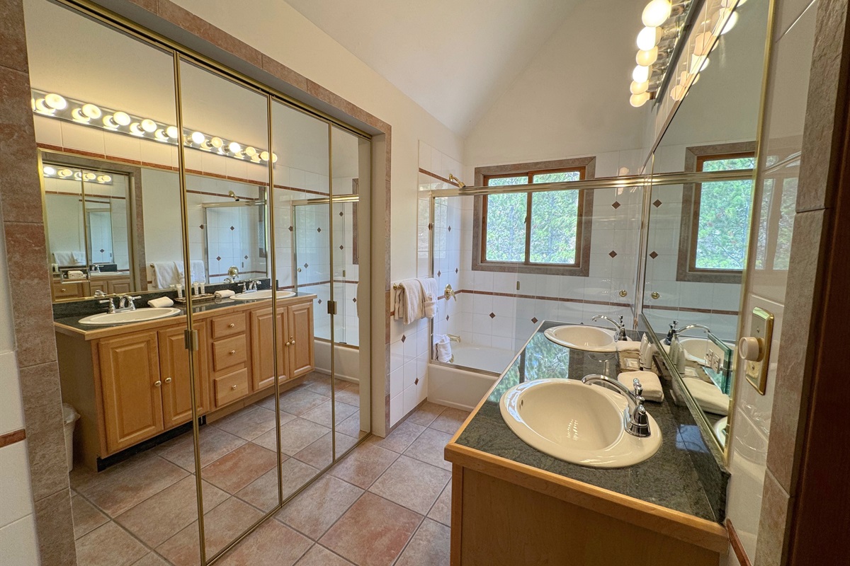Primary/Master full bathroom with dual vanity, tub and two showers