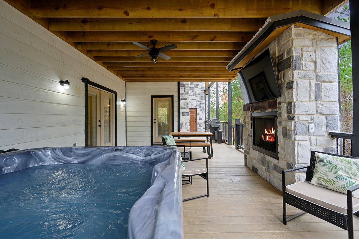 Hot tub nights with a fireplace crackling just steps away. 
Soak under the covered deck, breathe in the pine air, and let the kind of relaxation you came for finally settle in.
