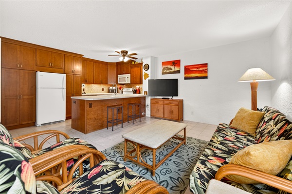Open layout connects the living area to the kitchen, making it easy to unwind, cook, or spend time together in a relaxed, airy setting.