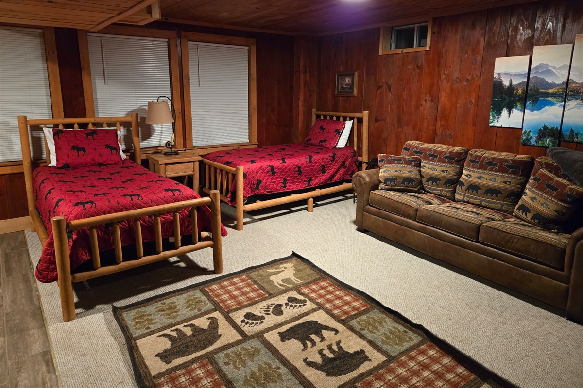 Two twin beds, sofa bed and TV in finished space downstairs.