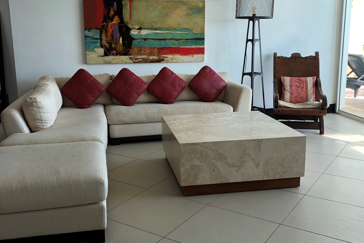 Living room seating area, that looks out the patio sliding doors