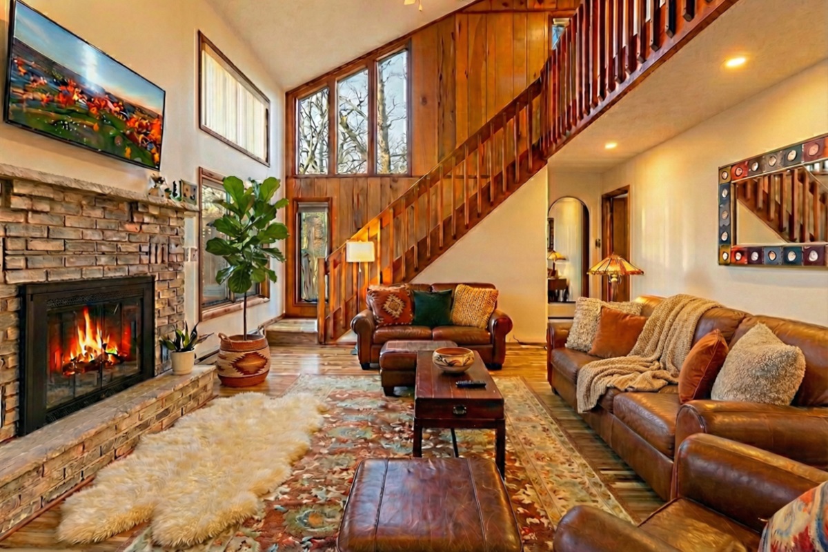 Cozy up for movies and a fire at night in the luxurious challet