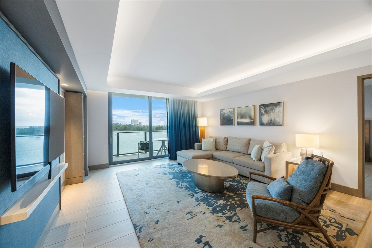 Living area, entrance to 7th floor private balcony