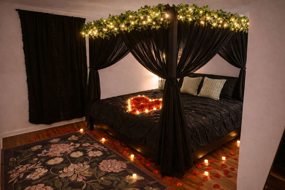 We offer romantic setup for a $100 fee. This setup includes what you see in the picture, red balloons & a cake!