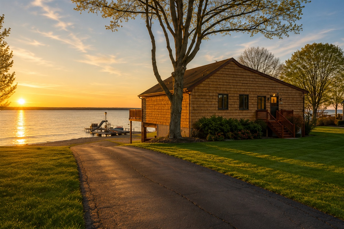 Lakeside charm with lush lawns and easy water access. 🌅🏡