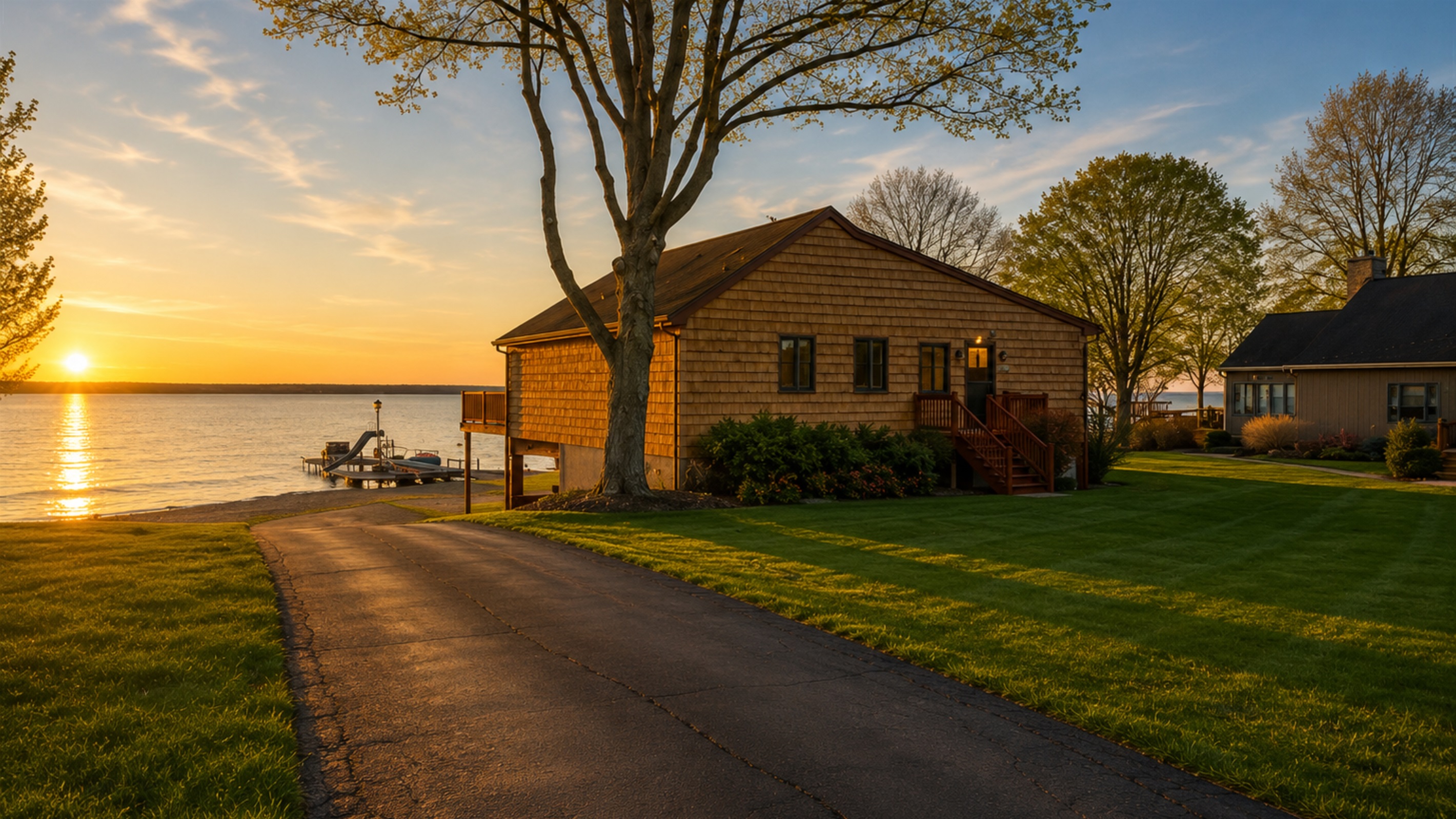 Lakeside charm with lush lawns and easy water access. 🌅🏡