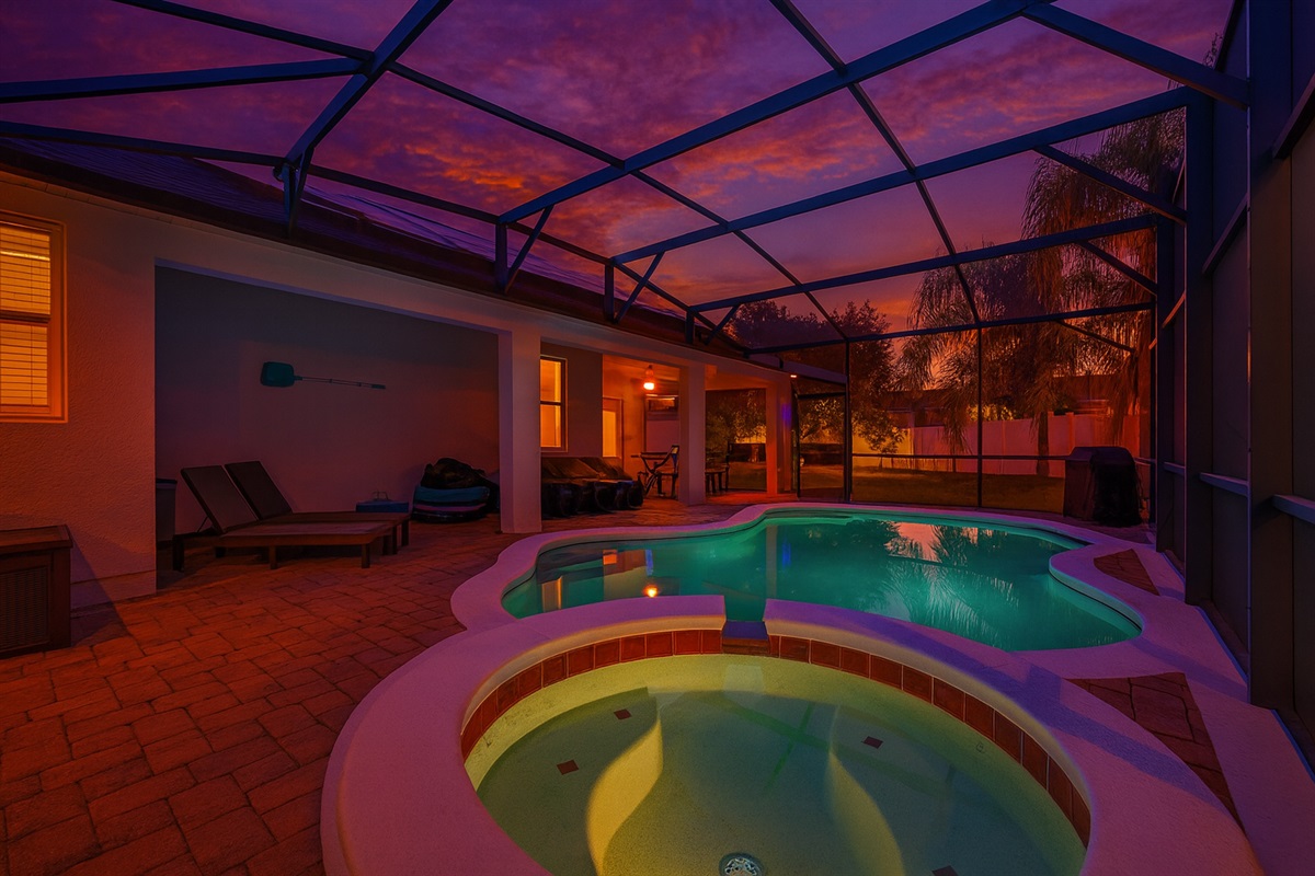 Twilight magic by the private screened pool — the perfect place to unwind after a day at Disney.