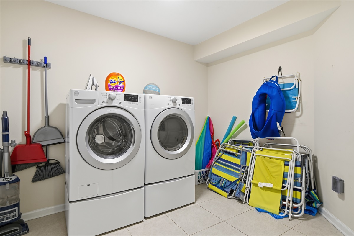 We have a large utilities room with full-size washer & dryer, beach chairs/umbrella, various beach accessories, mini beverage fridge, iron & ironing board. *Laundry pods included with rental