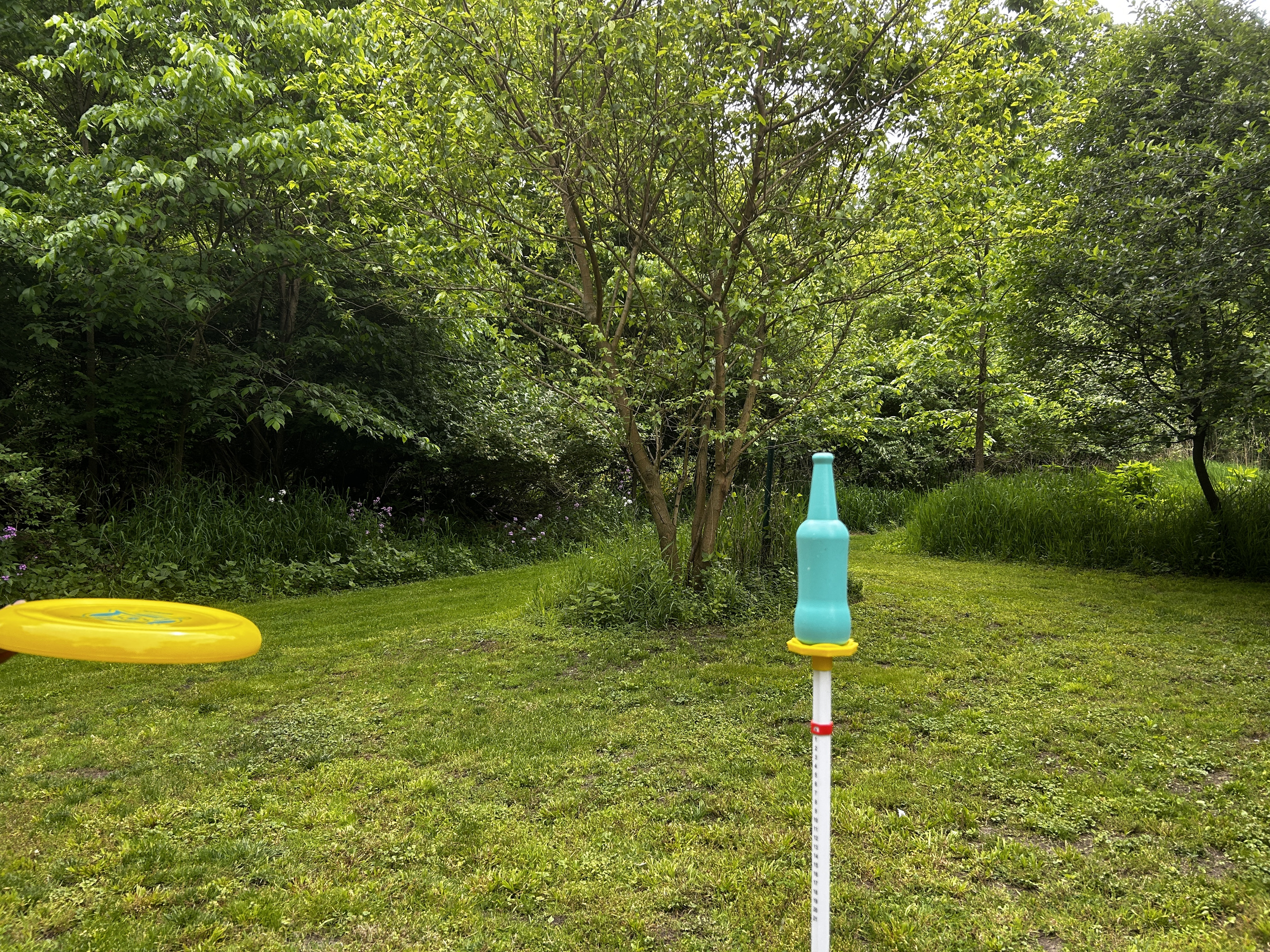 How easy is it for you to knock the bottle off with a frisbee? Increase the difficulty level by having your opponent guard the bottle.