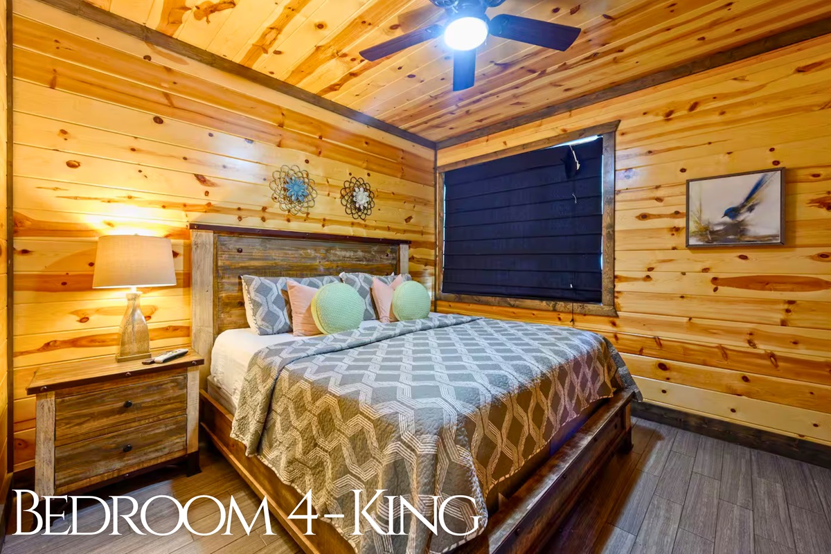 This king bedroom pairs soft, neutral tones with wood accents for a tranquil, relaxing space.