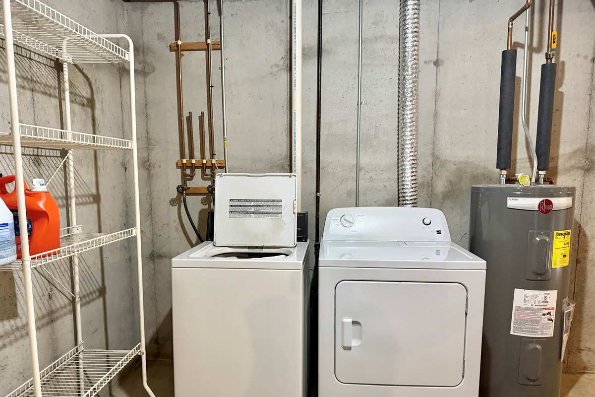 Convenient basement laundry with washer and gas dryer, making it easy to keep up with laundry during your stay