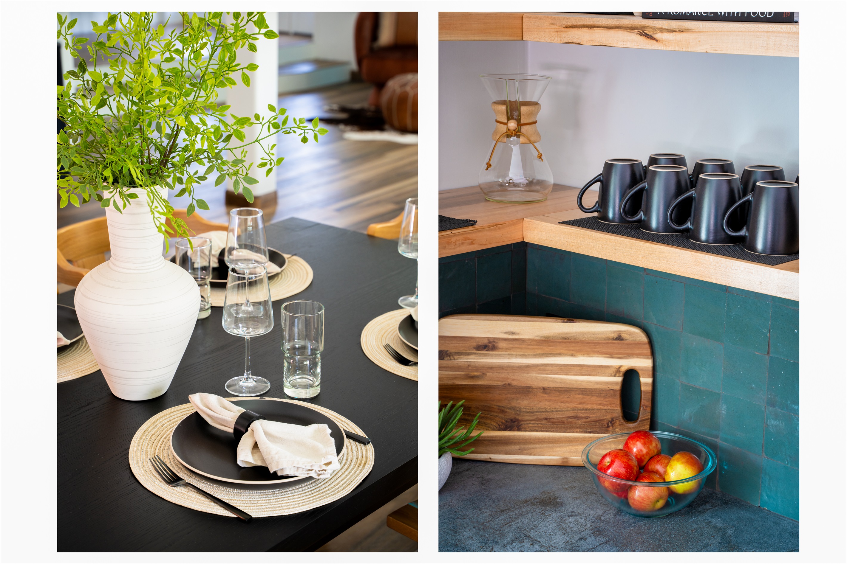 Thoughtfully designed dining and fully stocked kitchen spaces with natural accents, perfect for enjoying meals and coffee.