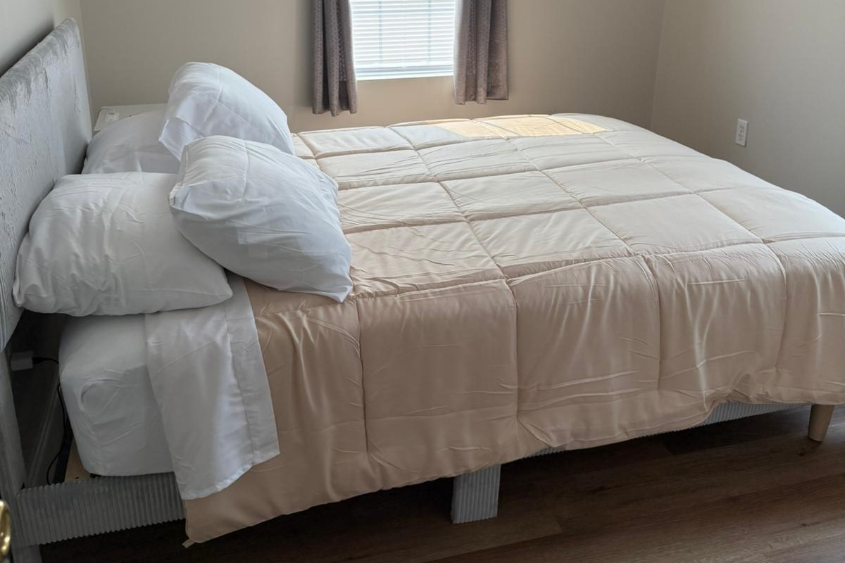 Close up of queen bed