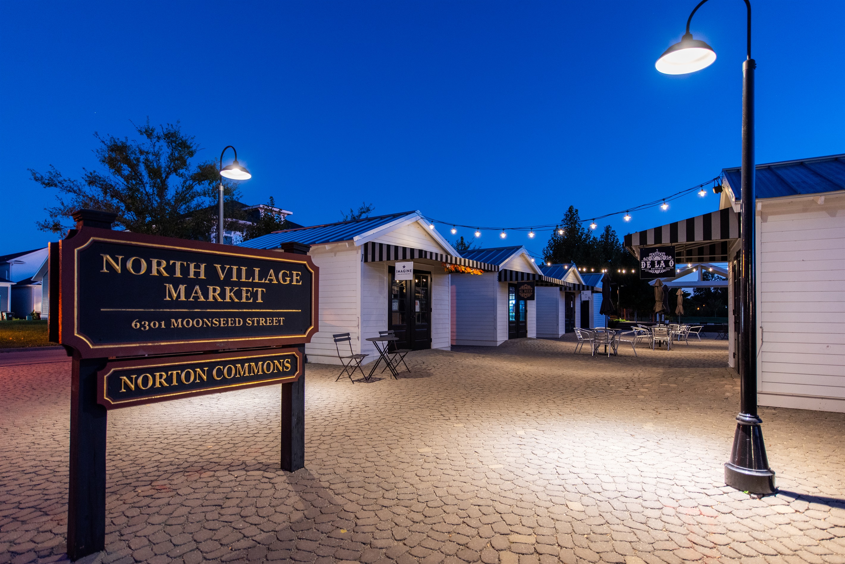 The first commercial space in the North Village which includes our signature cottages and pop-up shops. The North Village Market is the site of our weekly farmers’ market and Food Truck Fridays, both happening seasonally.