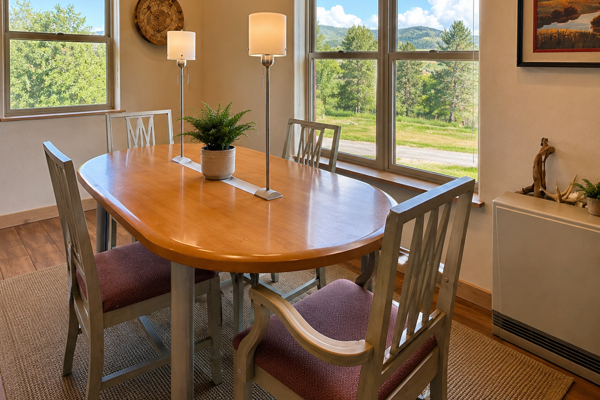 The dining table seats the whole group for shared meals, with windows framing the open Montana views outside.