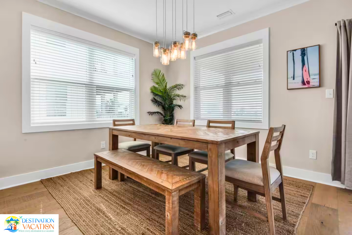 Warm wood tones create an inviting dining atmosphere.