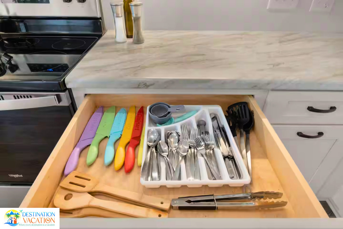 A thoughtfully arranged kitchen drawer keeps dining essentials ready.