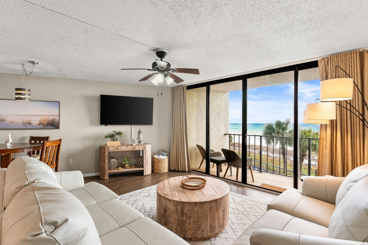 Comfy living room with private balcony, smart TV