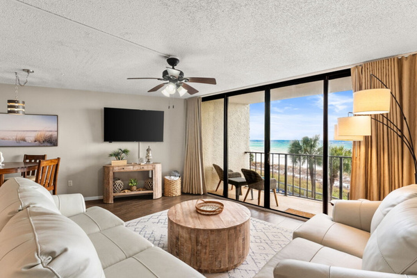Comfy living room with private balcony, smart TV