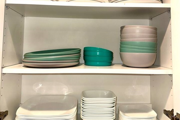 Correlle chip-free dishes.  With a variety of plastic plates and bowls.    Extra dishes on top shelf 