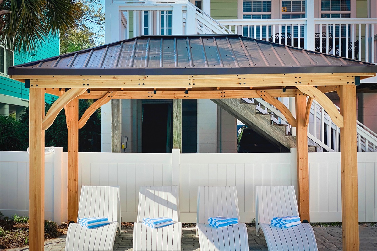 [Cabana or Gazebo] Experience ultimate relaxation under the daytime sun or twinkling stars. Lounge by our sparkling saltwater pool, then retreat to the cozy embrace of our gazebo. It's your private sanctuary for serenity and joy. #AmazingPool #HeatedPool