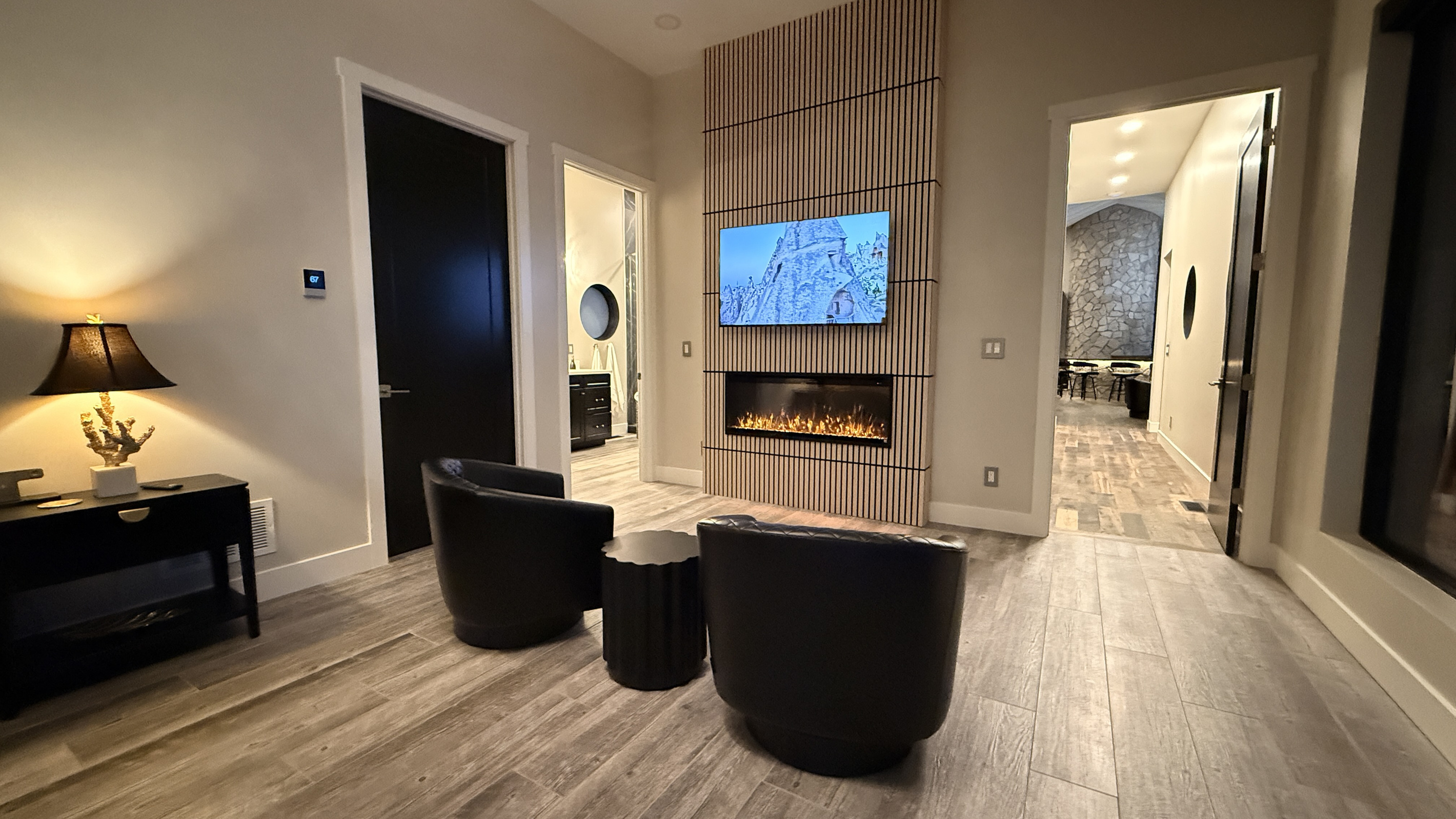 Closet, bathroom, TV, entrance