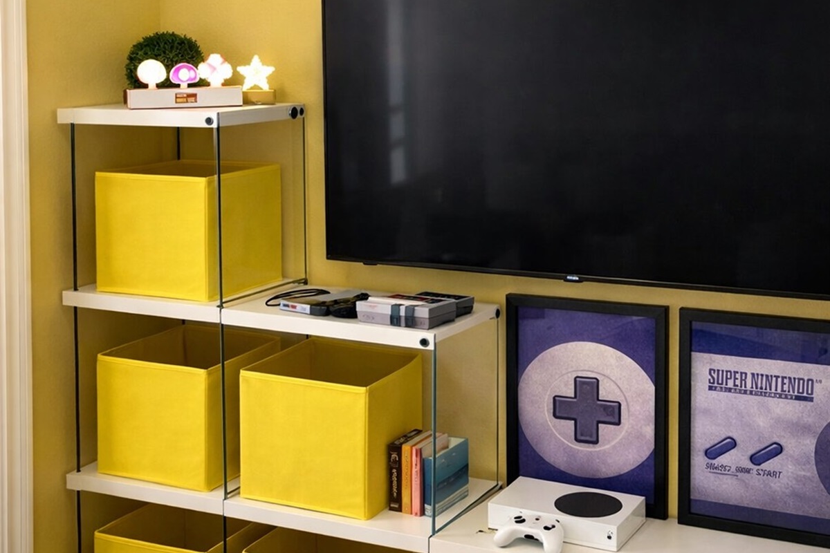 Mario room entertainment area with 50" Smart TV, Xbox and gaming decor.