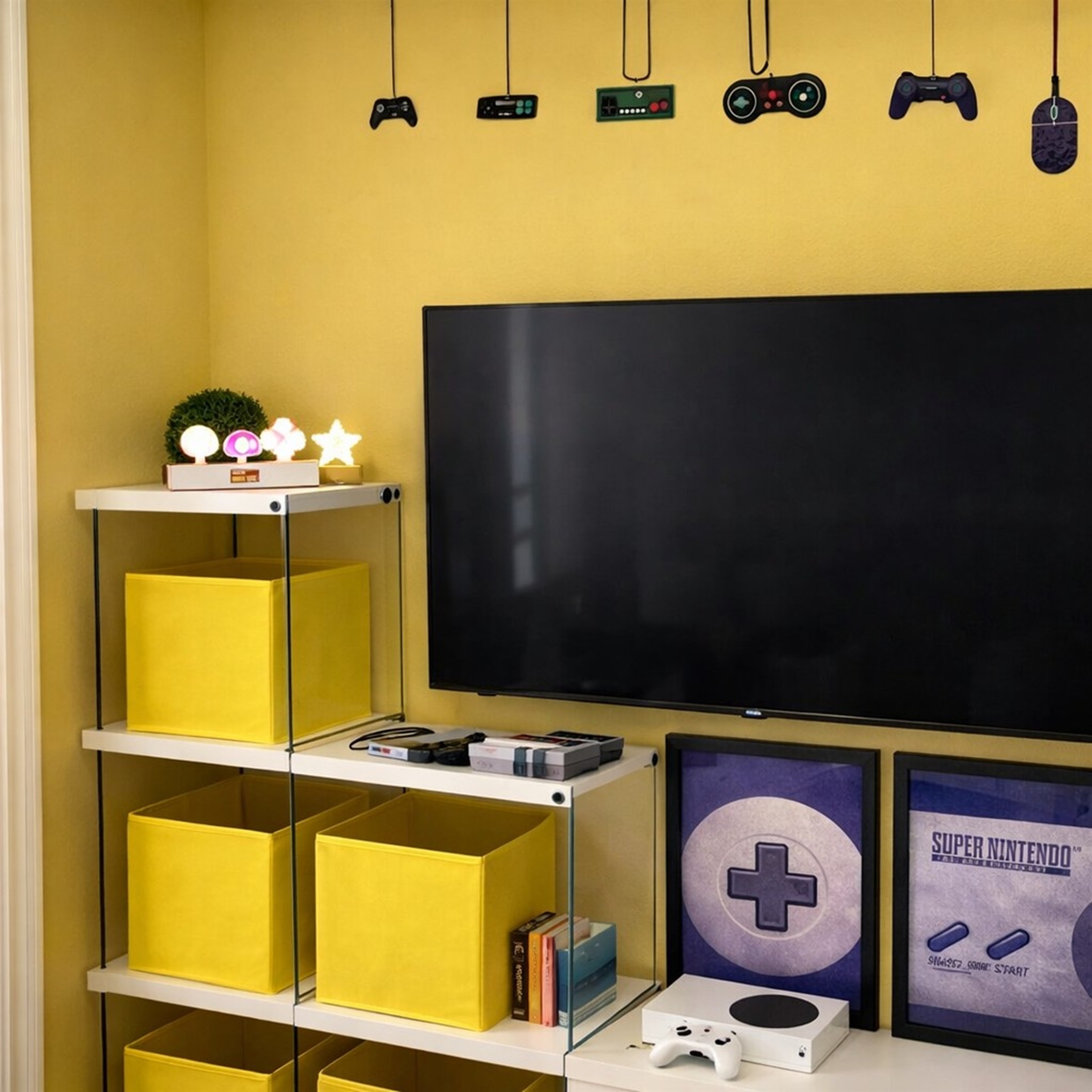 Mario room entertainment area with 50" Smart TV, Xbox and gaming decor.